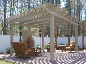 Arbor over an outdoor seating area