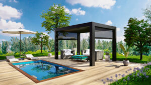 Freestanding pergola in a backyard with pool