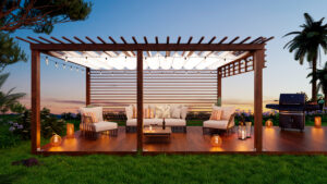 Backyard with a lawn, pergola, and white chairs 